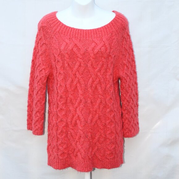 Loft Women’s All Over Chunky Knit Square Neck Coral Sweater, Size Small - Picture 2 of 11